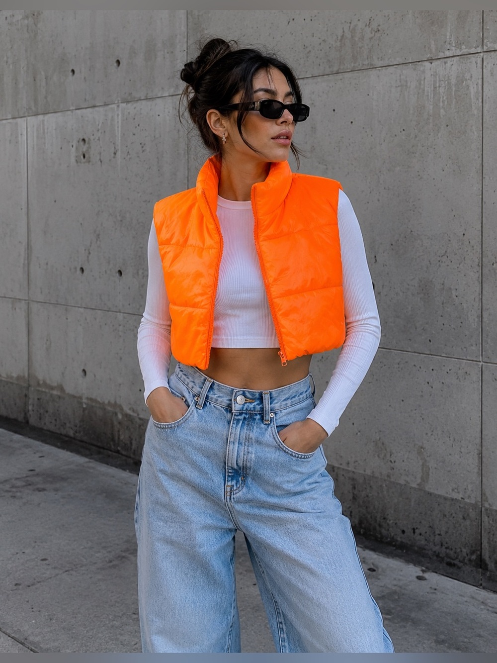 NWOT Neon orange crop puffer vest